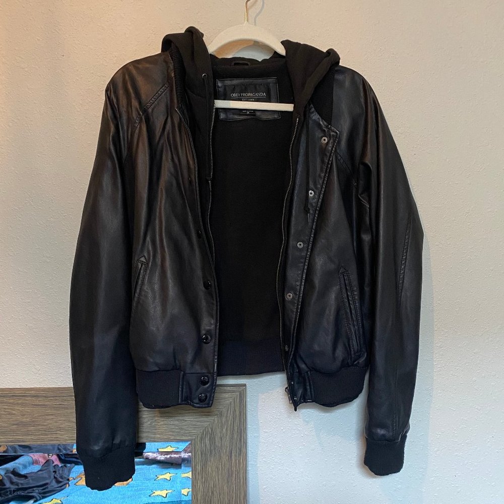 Obey Hooded Faux Leather Jacket